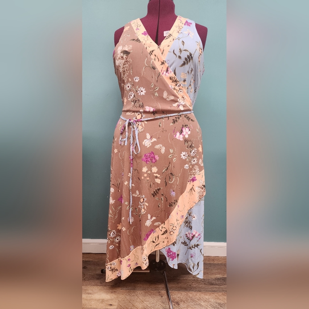 Brown and Pink Asymmetrical Wrap Sundress
